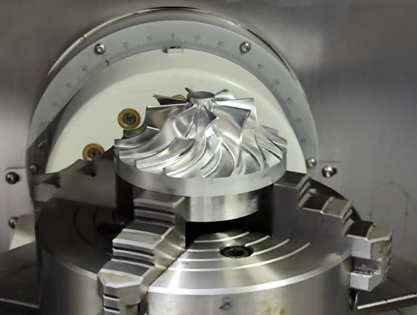 CNC machined aluminum impeller with a precision-machined surface finish on a multi-axis CNC machining center