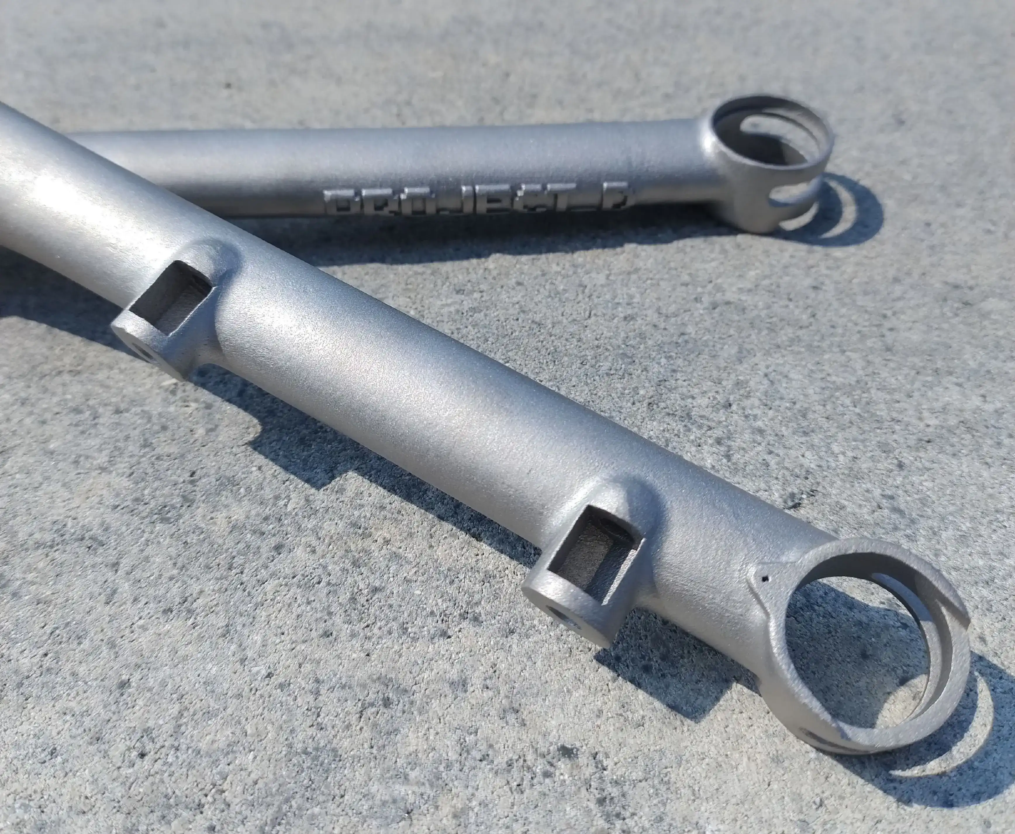 Close-up of 3D-printed titanium fork legs for the Project_D prototype bike