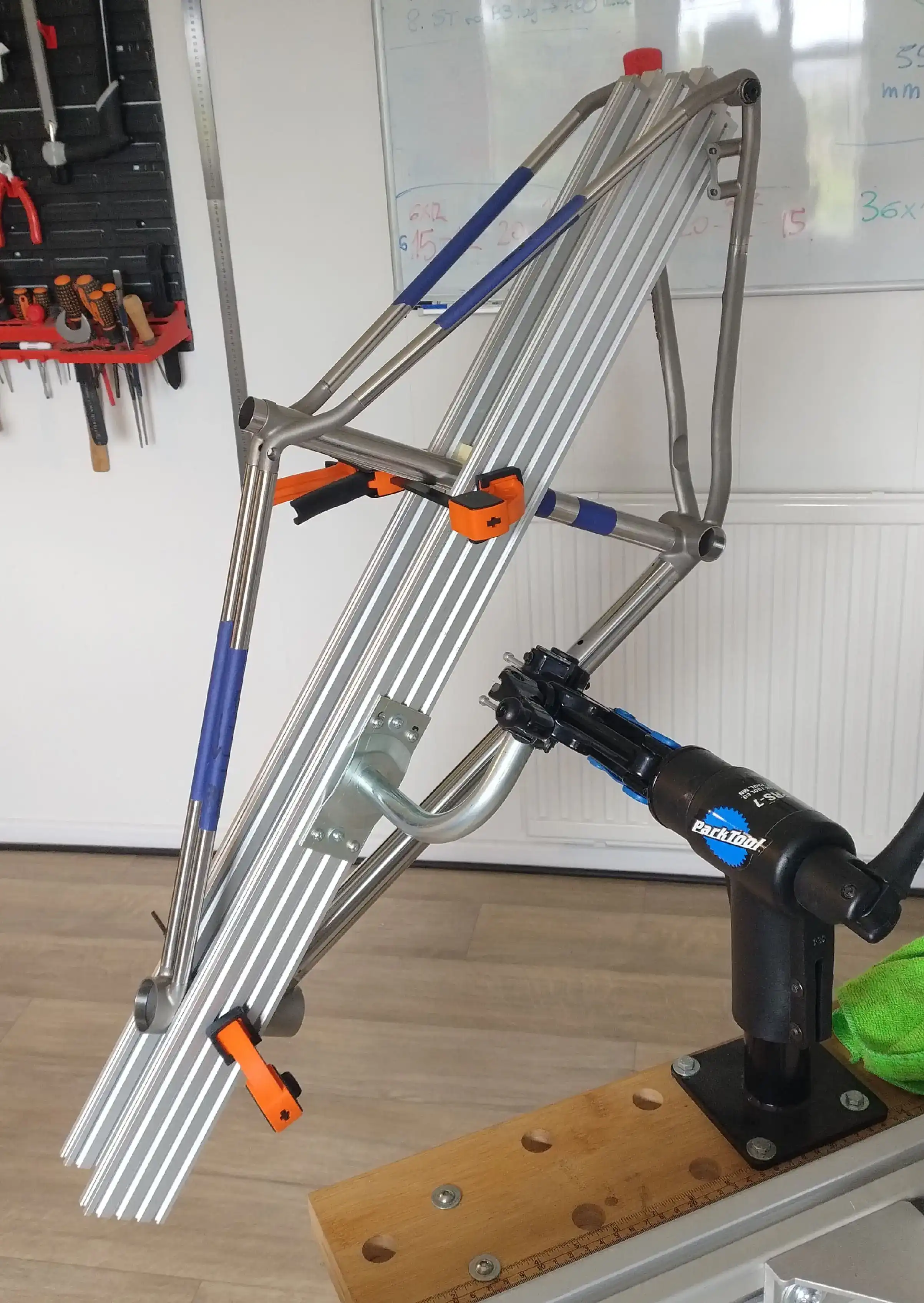 Custom bike frame jig used to position the Project_D prototype frame during assembly