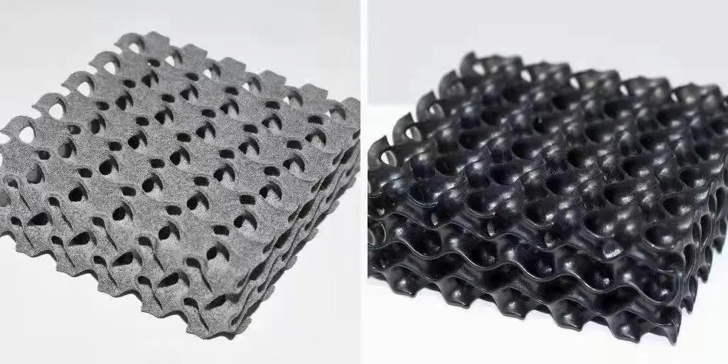 Comparison of untreated and VaporFuse smoothed SLS 3D printed nylon lattice structures showing improved surface finish