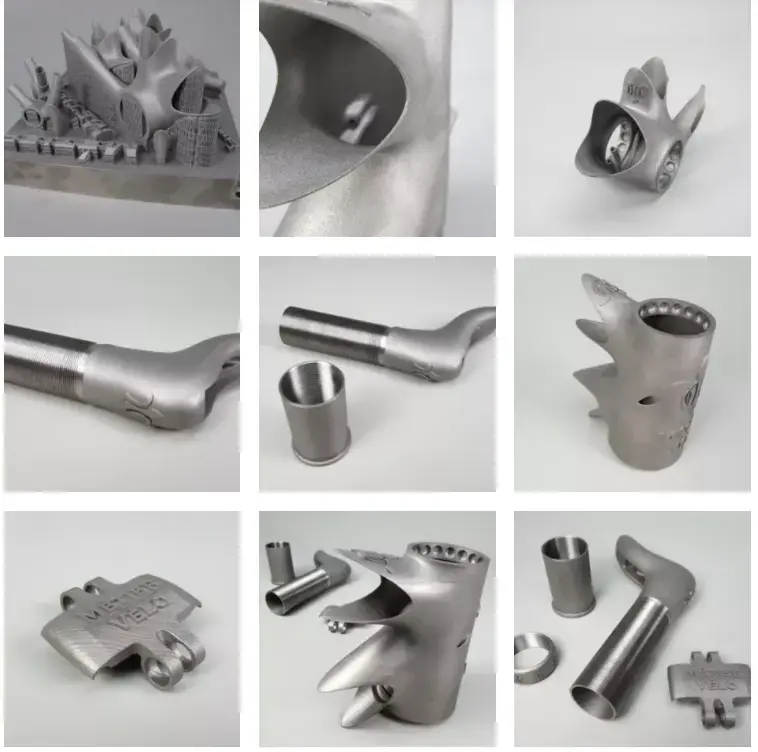 Collection of metal 3D printed bicycle components and complex prototypes with complex geometries