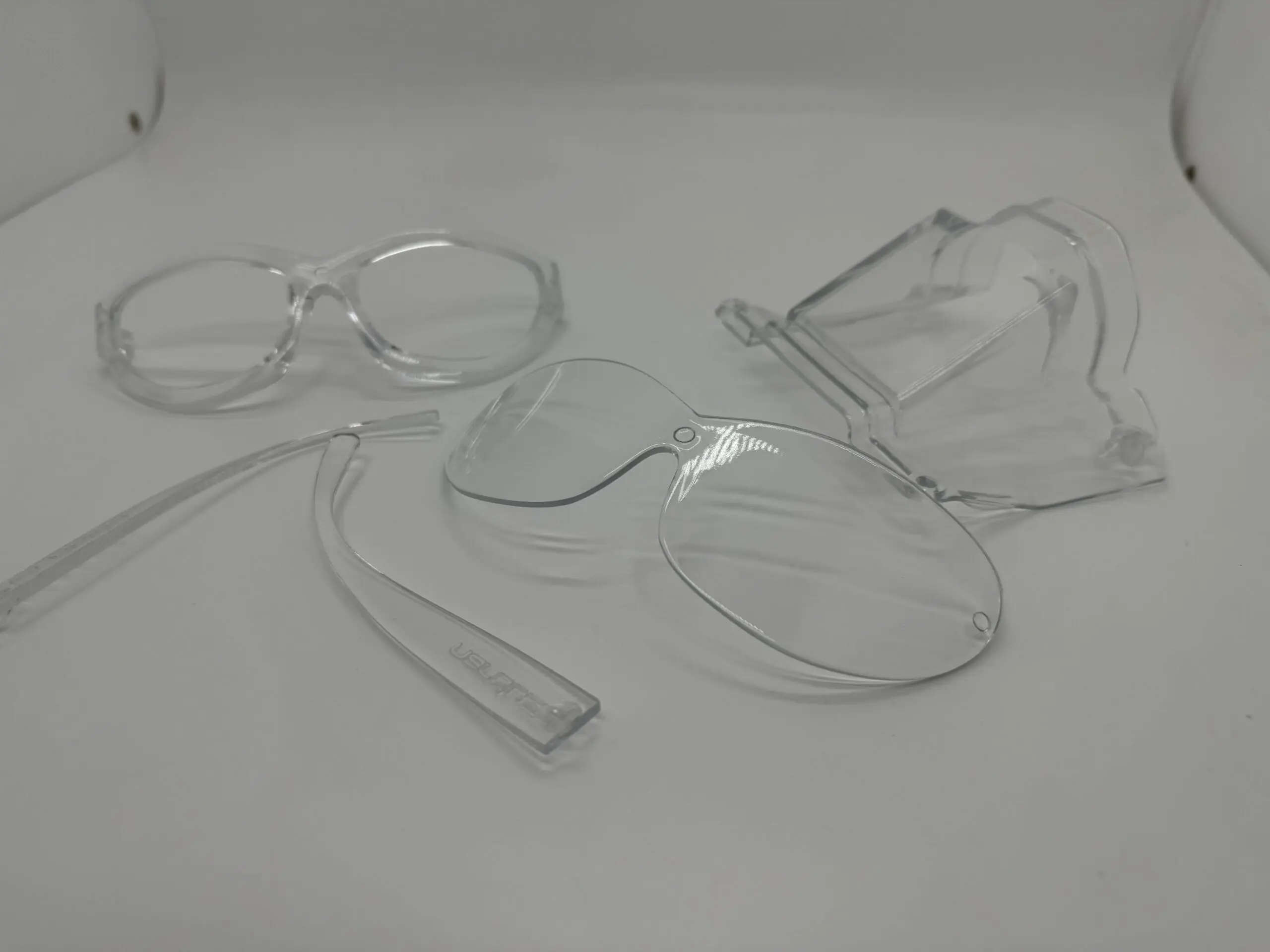 Clear acrylic 3D printed protective eyewear components