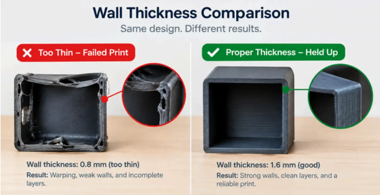 Comparison of a failed 0.8 mm thin-walled 3D print and a successful 1.6 mm thick-walled print.