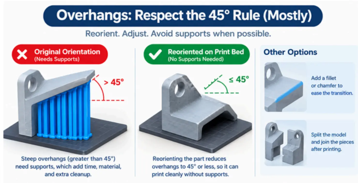 3D printing overhang diagram showing how part reorientation can reduce overhang angles and the need for supports.