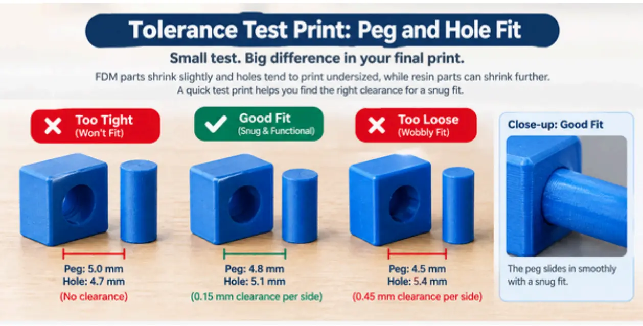 Visual comparison of 3D printed peg and hole clearances, from too tight to an optimal snug fit.