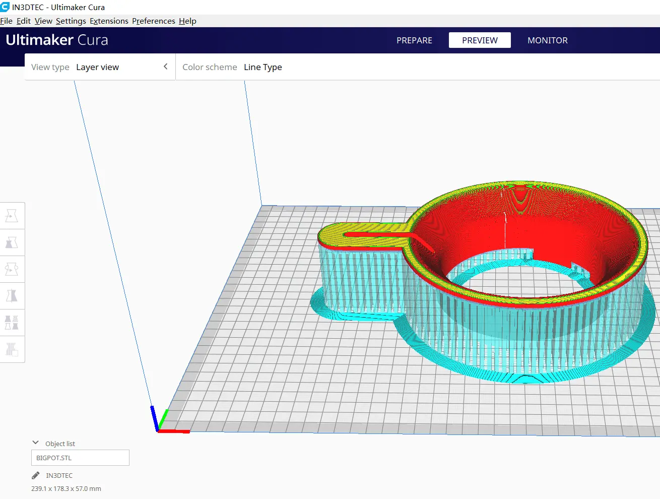 Ultimaker Cura layer view showing an FDM 3D printed part
