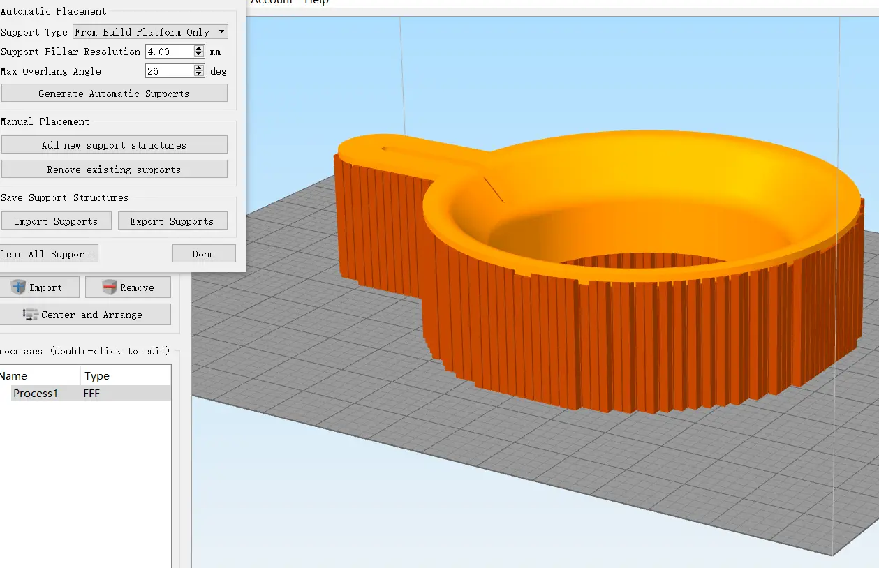 Simplify3D automatic support generation for an FDM 3D printed part