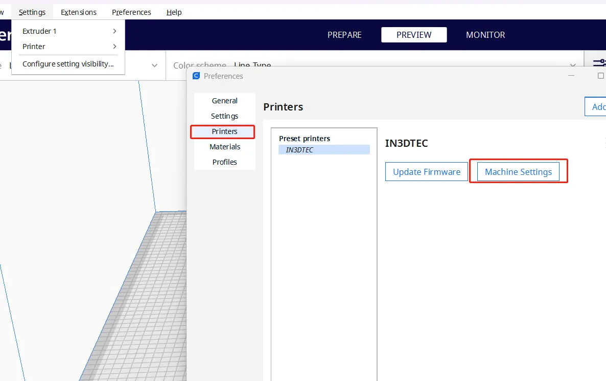 Cura printer machine settings interface showing printer configuration options