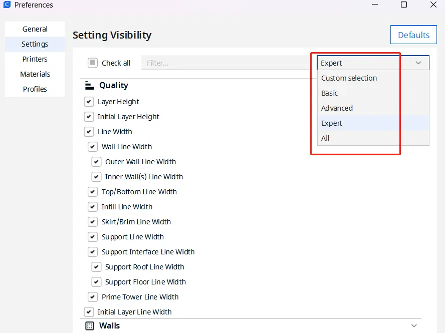 Cura Setting Visibility menu showing Basic, Advanced, Expert, and All options