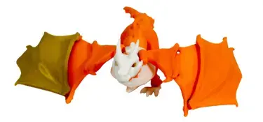 Colorful PLA 3D printed dragon with orange wings and a white body