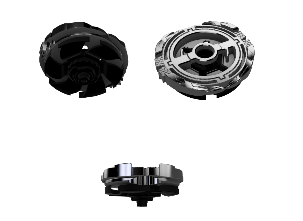 CAD model of the custom Blasphemous Beelzeb Beyblade shown from multiple angles.