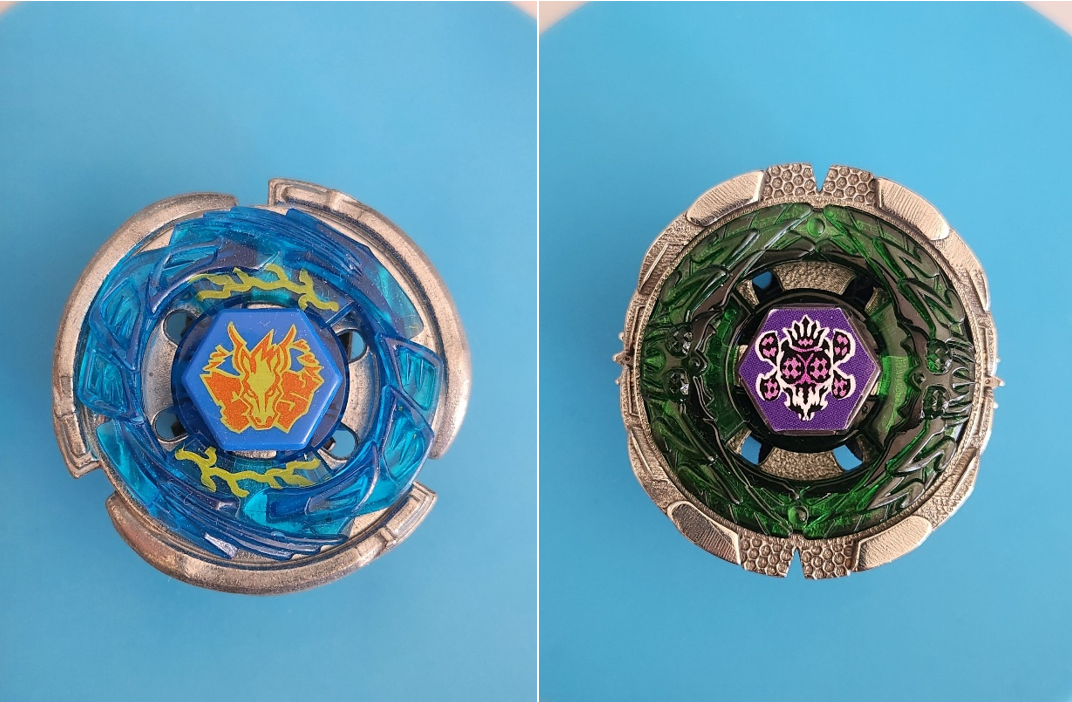 Official Storm Pegasis Beyblade compared with the custom 3D printed Blasphemous Beelzeb.