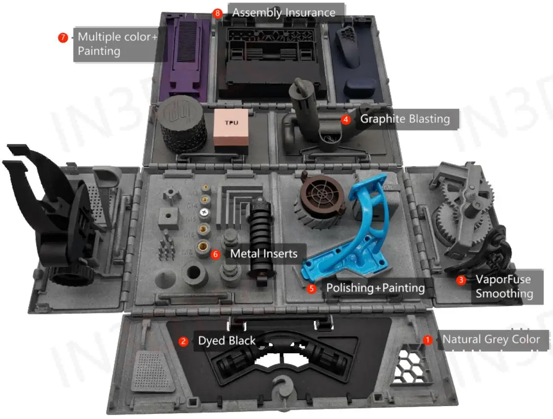MJF 3D printed parts showcasing surface finishing options including dyeing, VaporFuse smoothing, graphite blasting, polishing, painting, and metal inserts