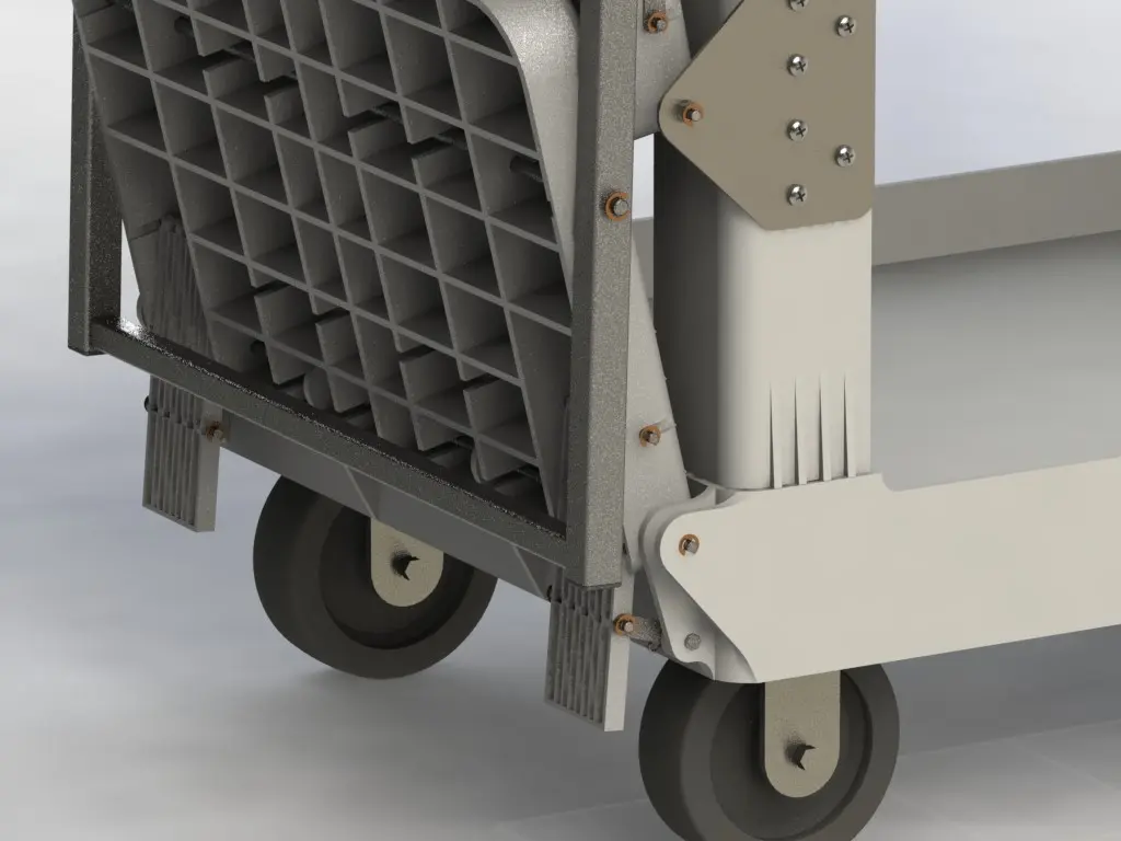 3D printed structural ribs reinforcing an equipment frame with integrated mounting brackets and wheel supports